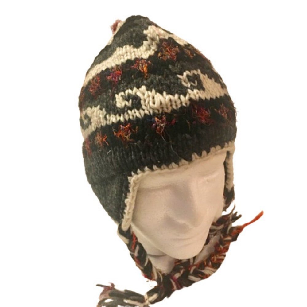 Nepal Hand Knit Sherpa Hat with Ear Flaps Wool Cotton Lined Trapper Ski Medium